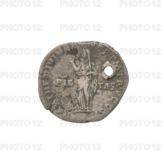Denarius, Hadrian (76–138; Roman emperor 117–138). Obverse: bust of Hadrian right, laurel wreath in hair; rim inscription: IMP CAES TRAIAN HADRIANO AVG DIVI TRA. Reverse: Pietas standing left, wearing a long robe with draperies, right hand raised, left hand at chest; rim inscription: PARTH F DIVI NER NEP PM TR P COS. On both sides the inscription PIE TAS. Coin pierced through. Date: 117. Place: Rome, Roman Empire (27 BC–476). Medium: coin. Weight: 3.25 g.