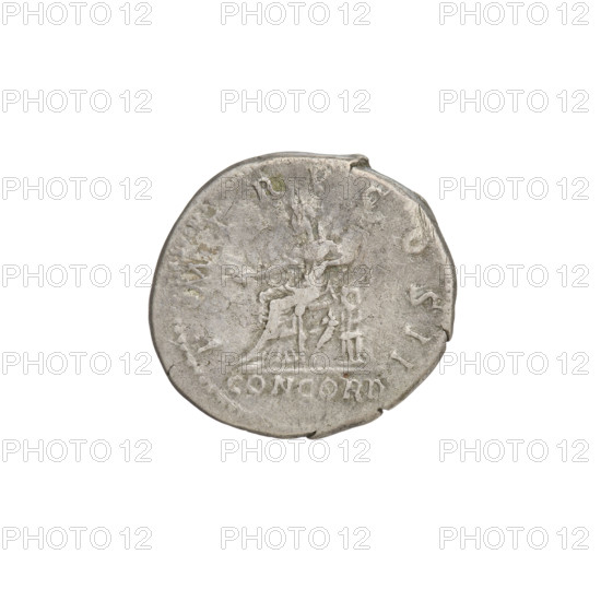 Denarius, Hadrian (76–138; Roman emperor 117–138). Obverse: Hadrian's head to the right, laurel wreath in hair; rim inscription: IMP CAESAR TRAIAN HADRIANVS AVG. Reverse: Concordia sits on a throne to the left, dressed in a long robe with draperies, holding a patera in her right hand; her left hand rests on the figure of Spes, a cornucopia behind the throne; rim inscription: PM TR P COS II. Episode inscription: CONCORD. Date: 118. Rome, Roman Empire (27 BC–476). Coin; weight 3.19 g.