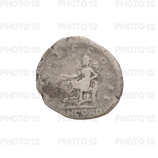 Denarius, Hadrian (76–138; Roman emperor 117–138). Obverse: Hadrian’s head to the right, laurel wreath in hair; rim inscription HADRIANVS AVG. Reverse: Concordia seated on a throne to the left, dressed in a long robe with draperies, holding a patera in her right hand, her left hand resting on the figure of Spes, a cornucopia behind the throne; rim inscription P COS II; episode inscription CONCORD. Date: 118. Place: Rome, Roman Empire (27 BC–476). Medium: coin. Weight: 2.65 g.