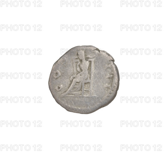Denarius of Hadrian (76–138; Roman emperor 117–138). Obverse: head of Hadrian in laurel wreath facing right; rim inscription HADRIANVSAVGVSTVS. Reverse: Pudicitia (personification) seated left, wearing a long dress and veil, holding her veil with her right hand, left hand on her knee; rim inscription COS III. Date: 125–128. Rome, Roman Empire (27 BC–476). Coin; weight 3.40 g.