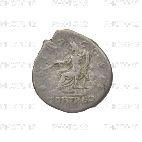 Denarius, Hadrian (76–138; Roman emperor 117–138). Obverse: Hadrian's head to the right, laurel wreath in hair; rim inscription: IMP CAESAR TRAIAN HADRIANVS AVG. Reverse: Fortuna seated on a throne to the left, wearing a long robe with draperies, holding a ship's rudder in her right hand and a cornucopia in her left; rim inscription: PM TR P COS II; inset inscription: FORT RED. Date: 118. Place: Rome, Roman Empire (27 BC–476). Coin; weight 3.15 g.