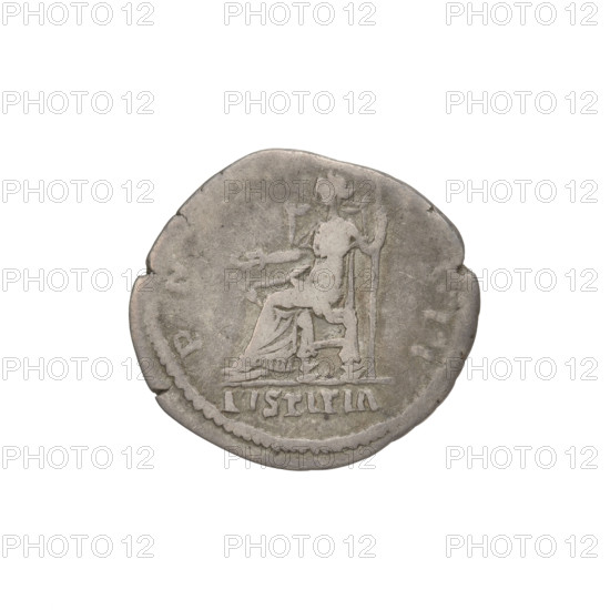 Denarius, Hadrian (76–138; Roman emperor 117–138). Obverse: head of Hadrian right, laurel wreath in hair; rim inscription IMP CAES TRAIAN HADRIANV. Reverse: Iustitia seated on a throne left, wearing a long robe with draperies, holding a patera in her right hand and a long scepter in her left; rim inscription PM, II; in the field inscription IVSTITIA. Date: 118. Place: Rome, Roman Empire (27 BC–476). Coin; weight 3.05 g.