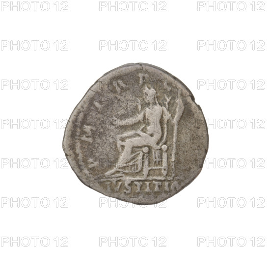 Denarius, Hadrian (76–138; Roman emperor 117–138). Obverse: Hadrian's head to the right, laurel wreath in his hair; rim inscription: IMP CAES TRAIA. Reverse: Iustitia seated on a throne to the left, dressed in a long robe with draperies, holding a patera in her right hand and a long scepter in her left; rim inscription: PM TR PC. Section inscription: IVSTITIA. Date: 118. Place: Rome, Roman Empire (27 BC–476). Medium: coin. Weight: 2.42 g.