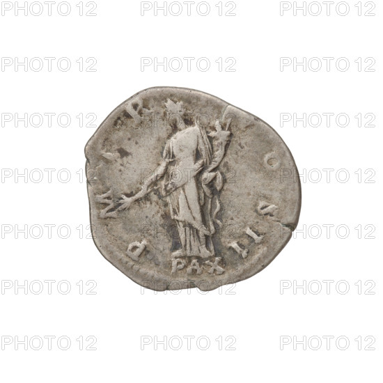Denarius, Hadrian (76–138; Roman emperor 117–138). Obverse: bust of Hadrian right, laurel wreath in hair; rim inscription: IMP CAESAR TRAIAN HADRIANVS AVG. Reverse: Pax standing left, dressed in a long robe with draperies, holding a branch in her right hand and a cornucopia in her left; rim inscription: PM TRP COS II; inset inscription: PAX. 118 CE, Rome, Roman Empire (27 BCE–476 CE). Coin; weight 3.20 g.