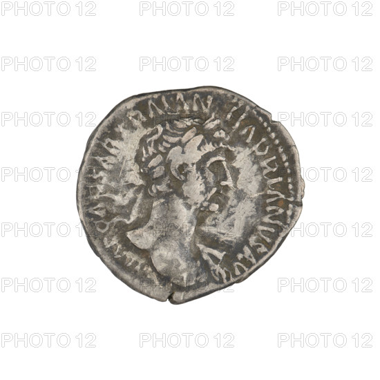 Denarius, Hadrian (76–138; Roman emperor 117–138). Obverse: bust of Hadrian facing right, laurel wreath in hair; rim inscription: IMP CAESAR TRAIAN HADRIANVS AVG. Reverse: Pax standing left, dressed in a long robe with draperies, holding a branch in her right hand and a cornucopia in her left; rim inscription: PM TRP COS II; inset inscription: PAX. 118, Rome, Roman Empire (27 BC–476). Coin, weight 3.12 g.