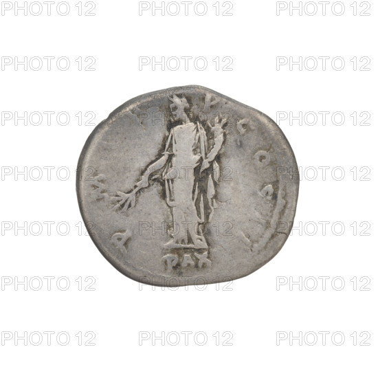 Denarius, Hadrian (76–138; Roman emperor 117–138). Obverse: bust of Hadrian right, laurel wreath in hair; rim inscription: IMP CAESAR TRAIAN HADRIANVS AVG. Reverse: Pax standing left, dressed in a long robe with draperies, holding a branch in her right hand and a cornucopia in her left; rim inscription: PM TRP COS II; inset inscription: PAX. 118 CE, Rome, Roman Empire (27 BCE–476 CE). Coin, weight 3.05 g.