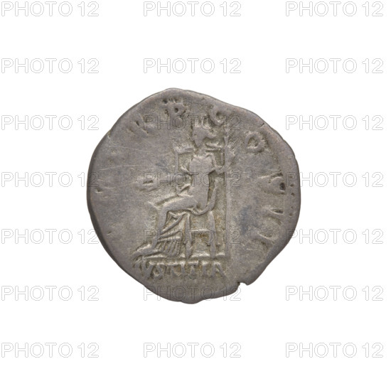 Denarius, Hadrian (76–138; Roman emperor 117–138). Obverse: Hadrian's head to the right, laurel wreath in his hair; rim inscription: IMP CAES TRAIAN HADRIANVS AVG. Reverse: Iustitia seated on a throne to the left, wearing a long robe with draperies, holding a patera in her right hand and a long scepter in her left; rim inscription: PM TR P COS; field inscription: IVSTITIA. Date: 118. Rome, Roman Empire (27 BC–476). Coin; weight 3.10 g.