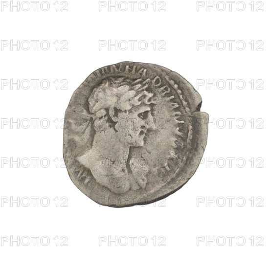 Denarius, Hadrian (76–138; Roman emperor 117–138). Obverse: bust of Hadrian right, laurel wreath in hair; rim inscription: IMP AN HADRIANVS AVG. Reverse: Pax standing left, dressed in a long robe with draperies, holding a branch in her right hand and a cornucopia in her left; rim inscription: PM TRP COS II; inset inscription: PAX. Date: 118. Rome, Roman Empire (27 BC–476). Coin, weight 2.86 g.