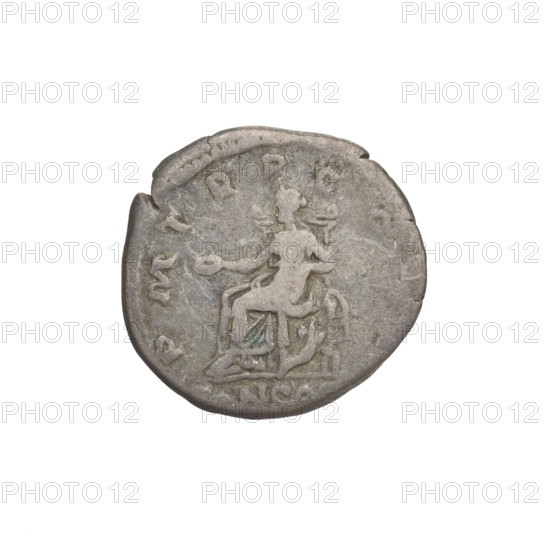 Denarius, Hadrian (76–138; Roman emperor 117–138). Obverse: Hadrian's head to the right, laurel wreath in hair; rim inscription HADRIANVS AVG. Reverse: Concordia seated on a throne to the left, dressed in a long robe with drapery, holding a patera in her right hand, her left hand rests on the figure of Spes; a cornucopia is below the throne; rim inscription PM TR P COS. Episode inscription: NCO. Date: 118. Rome, Roman Empire (27 BC–476). Coin; weight 2.65 g.