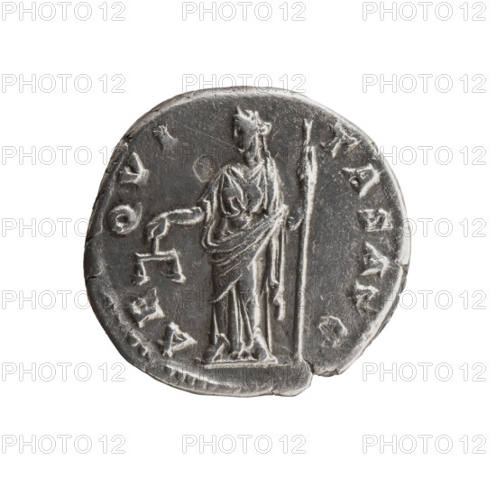 Denarius of Antoninus Pius (86–161; Roman emperor 138–161), 140–144. Obverse: Head of Antoninus Pius in a laurel wreath facing right, legend ANTONINVS AVG PI - VS PP TR P COS III. Reverse: Aequitas standing left, holding scales in his outstretched right hand and a long staff (pertica) in his left, legend AE - QVI - TAS AVG. Roman Empire; Rome. Coin. Diameter 17.0–18.0 mm; weight 3.28 g; axis 195°.