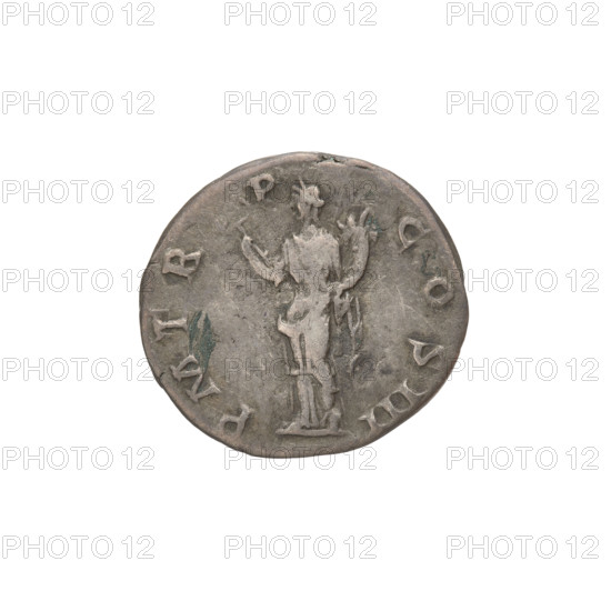 Denarius of Hadrian (76–138; Roman emperor 117–138), 119–122, Rome. Obverse: bust of Hadrian to right, laurel wreath in his hair; rim inscription IMPCAESARTRAIANHADRIANVSAVG. Reverse: Felicitas (personification) standing left, wearing a long robe with draperies, holding a caduceus in her right hand and a cornucopia in her left; rim inscription PM TR P COS III. Silver coin, weight 3.31 g.