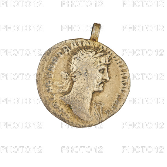 denarius, Hadrian (76–138; Roman emperor 117–138); Obv.: head of Hadrian right, laurel wreath in hair; rim inscription: IMPCAESARTRAIANHADRIANVS. Rev.: Felicitas standing left, wearing a long robe with draperies, holding a caduceus in her right hand and a horn of plenty in her left; rim inscription: PM TR P COS. Note: eyelet on the coin. Date: 119–122. Place: Rome, Roman Empire (27 BC–476). Material: silver coin. Weight: 3.15 g.