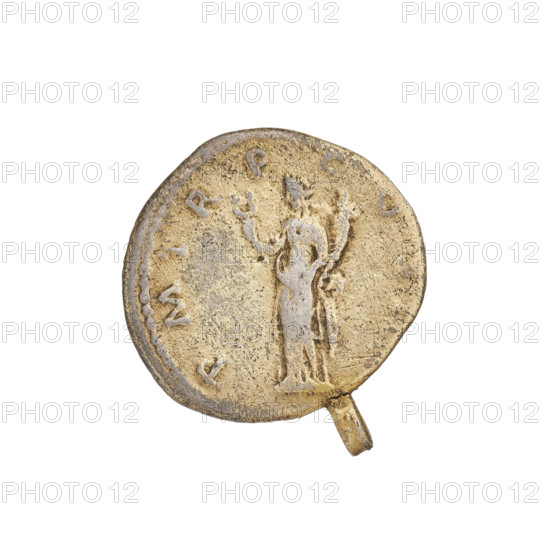 Denarius, Hadrian (76–138; Roman emperor 117–138). Obverse: head of Hadrian right, laurel wreath in hair; rim inscription: IMPCAESARTRAIANHADRIANVS. Reverse: Felicitas standing left, wearing a long robe with draperies, holding a caduceus in her right hand and a horn of plenty in her left; rim inscription: PM TR P COS. Note: eyelet on the coin. Date: 119–122. Place: Rome, Roman Empire (27 BC–476). Material: coin. Weight: 3.15 g.
