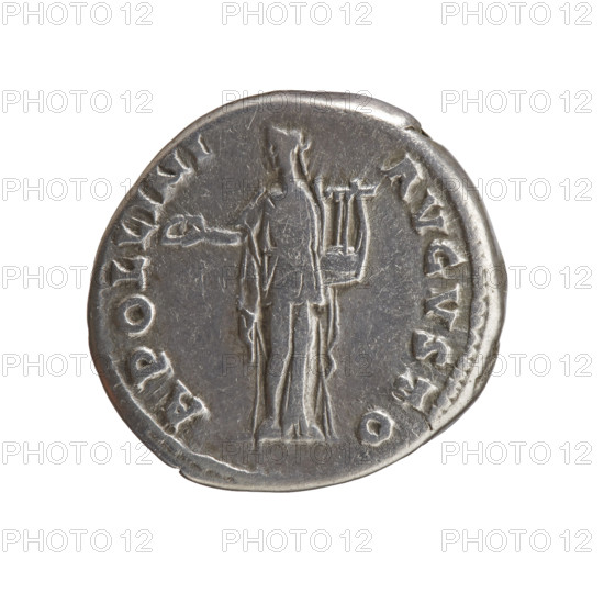 Denarius of Antoninus Pius (86–161; Roman Emperor 138–161), issuer: Antoninus Pius. Obverse: Head of Antoninus Pius uncovered to the right, legend 'ANTONINVS AVG PIVS PP TR P COS III' all around. Reverse: Apollo standing frontally, head turned left, holding a patera in his outstretched right hand and a lyre in his left, legend 'APOLLINI AVGVSTO' all around. Iconography: Apollo, lyre, patera. Date: 140–144. Place: Rome, Roman Empire. Medium/function: coin (denarius). Dimensions: diameter 17.0–19.0 mm, weight 3.51 g, axis 180°.