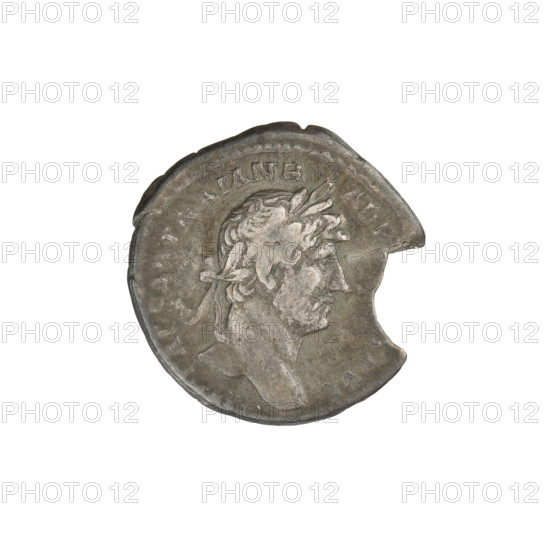 Denarius, Hadrian (76–138; Roman emperor 117–138). Obverse: head of Hadrian right, laurel wreath in hair; rim inscription: IMPCAESARTRAIAN HA. Reverse: Felicitas seated on a throne left, dressed in a long robe with draperies, holding a caduceus in her right hand and a horn of plenty in her left; rim inscription: PM TR PC, II; in the section the inscription: FEL PR. Damaged coin, 119–122, Rome, Roman Empire (27 BC–476). Coin; weight 2.59 g.