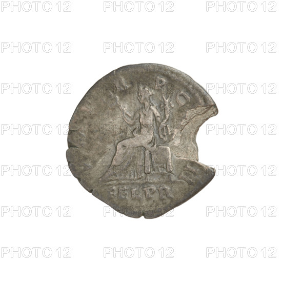 Denarius, Hadrian (76–138; Roman emperor 117–138). Obverse: head of Hadrian right, laurel wreath in hair; rim inscription: IMPCAESARTRAIAN HA. Reverse: Felicitas seated on a throne left, dressed in a long robe with draperies, holding a caduceus in her right hand and a horn of plenty in her left; rim inscription: PM TR PC, II; in the field the inscription: FEL PR. Note: damaged coin. 119–122, Rome, Roman Empire (27 BC–476). Coin; weight 2.59 g.