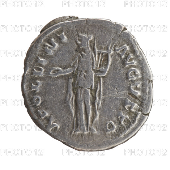 Denarius, Antoninus Pius (86–161; Roman emperor 138–161), issuer: Antoninus Pius; subject: Apollo (mythology) — iconography: Apollo standing, lyre, patera; obverse: head of Antoninus Pius uncovered to the right, inscription ANTONINVS AVG PIVS - PP TR, COS III around; reverse: Apollo stands frontally, head turned to the left, holding a patera in his outstretched right hand and a lyre in his left, inscription APOLLINI - AVGVSTO around; date: 140–144; culture: Roman Empire (27 BC–476); place: Rome; object type: coin; material: silver denarius; dimensions: diameter 18.0–18.5 mm, weight 2.91 g; axis 180 degrees.