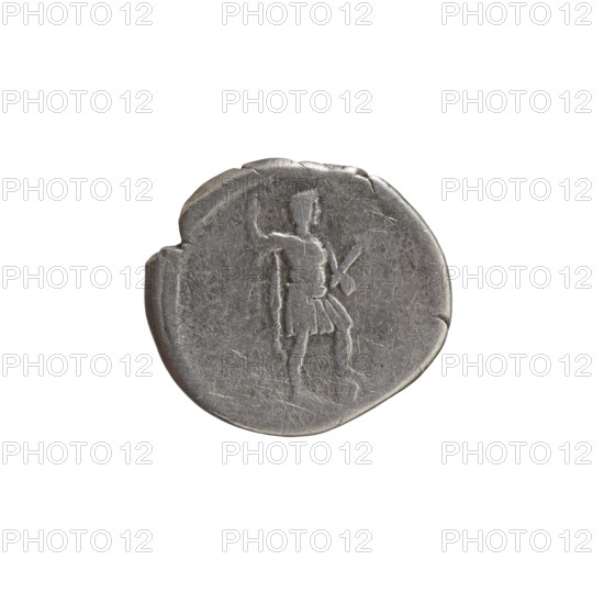 Denarius of Antoninus Pius (86–161; Roman emperor 138–161). Obverse: Bust of Antoninus Pius in a cloak (paludamentum) with a laurel wreath, facing right; legend ANTONINVS AVG PI - VS PP TR P COS III. Reverse: The emperor in military dress (paludamentum) stands facing right, resting his left leg on a globe; in his outstretched right hand he holds a spear with the head pointing down and in his left hand a dagger (parazonium). Dated 140–144. Roman Empire. Coin. Diameter 17.0–19.0 mm; weight 2.98 g; axis 180°.