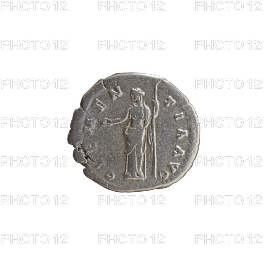 Denarius of Antoninus Pius (86–161; Roman emperor 138–161), c. 140–144. Obverse: Head of Antoninus Pius uncovered to the right, legend ANTONI[?] AVG – P P TR P COS III. Reverse: Clementia standing left, holding a patera in her outstretched right hand and a long sceptre in her left, legend CLEMENTIA AVG. Materials/format: Roman coin; diameter 16.5–18.0 mm; weight 2.95 g; axis 180°.