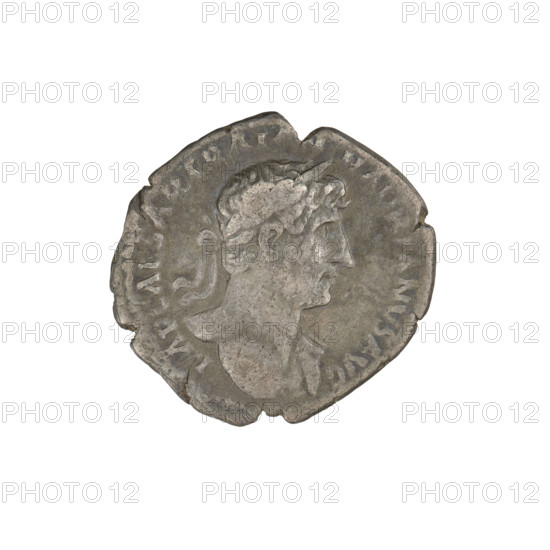 Denarius, Hadrian (76–138; Roman emperor 117–138). Obverse: bust of Hadrian right, laurel wreath in hair; rim inscription: IMPCAESARTRAIANHADRIANVS. Reverse: Fortuna standing left, wearing a long robe with draperies, holding a ship's rudder in her right hand and a cornucopia in her left; rim inscription: PM TR P COS III. Date: 119–122. Place: Rome, Roman Empire (27 BC–476). Material: coin. Weight: 2.50 g.