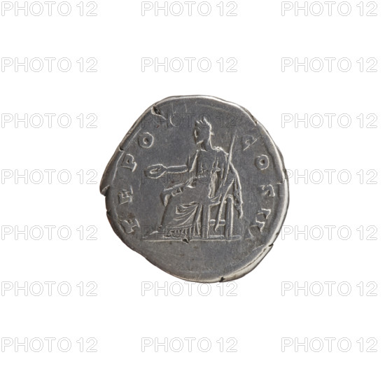 Denarius of Antoninus Pius (86–161; Roman Emperor 138–161). Obverse: Head of Antoninus Pius in laurel wreath facing right, legend ANTONINV–AVG PIVS PP. Reverse: Clementia seated left, holding a patera in her outstretched right hand and a long scepter in her left, legend TR POT–COS III. Date: 140–144. Place: Rome, Roman Empire. Medium: silver coin. Diameter: 17.0 mm. Weight: 3.00 g. Axis: 180°.