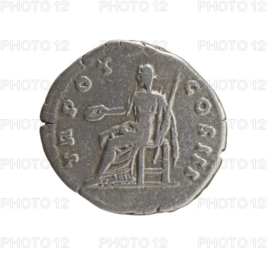 Denarius of Antoninus Pius (86–161; Roman emperor 138–161), c. 140–144. Obverse: Head of Antoninus Pius in a laurel wreath facing right, legend ANTONINVS · AVG · PIVS · PP. Reverse: Clementia seated left, holding a patera in her outstretched right hand and a long scepter in her left, legend TR · POT · COS · III. Iconography: scepters, personification Clementia, paterae. Roman coin; diameter 16.5–17.5 mm, weight 3.30 g, axis 180°.
