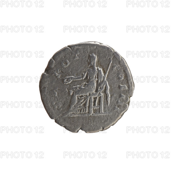 Denarius of Antoninus Pius (86–161; Roman emperor 138–161), c. 140–144. Obverse: Head of Antoninus Pius in a laurel wreath facing right, inscription ANTONINVS · AVG · PIV · PP. Reverse: Clementia seated left, holding a patera in her outstretched right hand and a long scepter in her left, inscription TR POT · COS III. Roman coin; diameter ~17.0–17.5 mm, weight 2.49 g, axis 180°.
