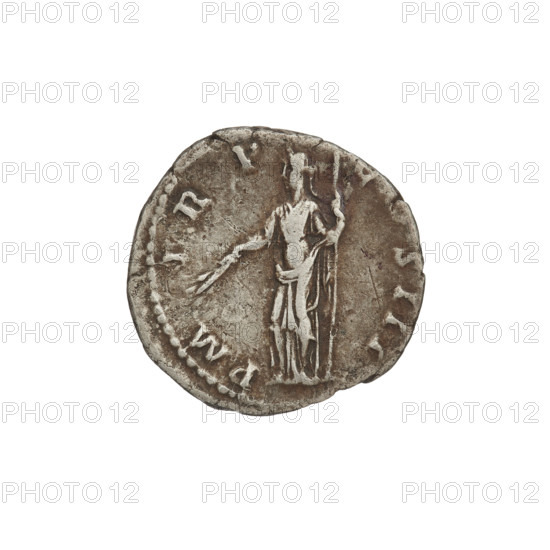 Denarius, Hadrian (76–138; Roman emperor 117–138). Obverse: bust of Hadrian facing right, laurel wreath in hair; rim inscription IMPCAESARTRAIANHADRIANOAVG. Reverse: Pax standing left, dressed in a long robe with draperies, holding a branch in her right hand and an elongated vertical scepter in her left; rim inscription PM TR P COS III. 119–122 CE, Rome, Roman Empire (27 BC–476). Coin; weight 2.60 g.