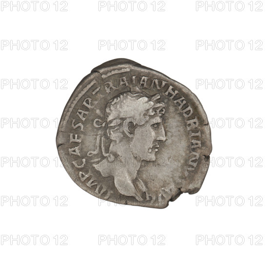 Denarius of Hadrian (76–138; Roman emperor 117–138). Obverse: bust of Hadrian facing right, laurel-wreathed hair; rim inscription IMPCAESARTRAIANHADRIA NOAVG. Reverse: Pax standing left in a long robe with drapery, holding a branch in her right hand and an elongated vertical sceptre in her left; rim inscription PM TR P COS III. 119–122 CE, Rome, Roman Empire (27 BC–476). Coin; weight 3.22 g.