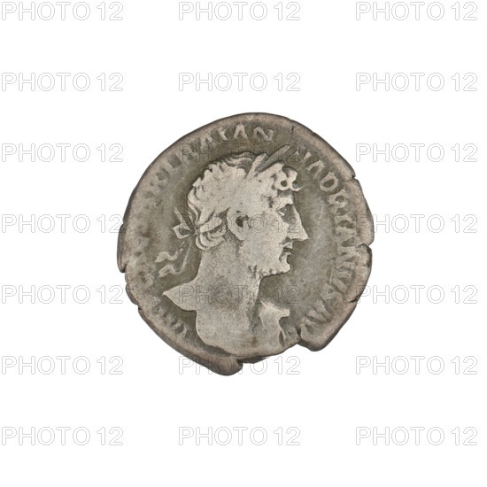 Denarius, Hadrian (76–138; Roman emperor 117–138). Obverse: bust of Hadrian facing right, laurel wreath in hair; rim inscription IMPCAESARTRAIANHADRIANOAVG. Reverse: Pax standing left, wearing a long robe with draperies, holding a branch in her right hand and an elongated vertical scepter in her left; rim inscription PM TR P COS III. Date: 119–122. Rome, Roman Empire (27 BC–476). Coin; weight 3.15 g.