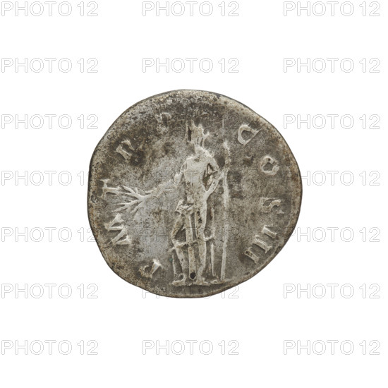 Denarius of Hadrian (76–138; Roman emperor 117–138), 119–122, Rome. Obverse: bust of Hadrian facing right, laurel wreath in hair; rim inscription: IMPCAESARTRAIANHADRIANOAVG. Reverse: Pax standing left, dressed in a long robe with draperies, holding a branch in her right hand and an elongated vertical scepter in her left; rim inscription: PM TR P COS III. Coin; weight 3.60 g.
