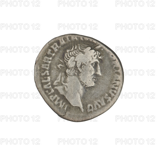 Denarius of Hadrian (76–138; Roman emperor 117–138). Obverse: bust of Hadrian right, laurel wreath in hair; rim inscription IMPCAESARTRAIANHADRIANOAVG. Reverse: Pax standing left, dressed in a long robe with draperies, holding a branch in her right hand and an elongated vertical sceptre in her left; rim inscription PM TR P COS III. Date: 119–122. Rome, Roman Empire (27 BC–476). Coin; weight 3.25 g.