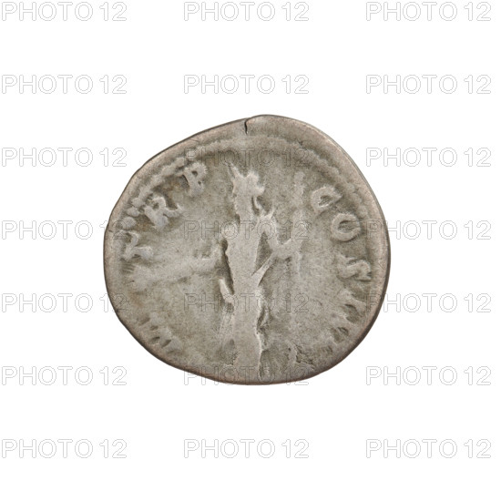 Denarius of Hadrian (76–138; Roman emperor 117–138). Obverse: bust of Hadrian right, laurel wreath in hair; rim inscription: IMPCAESARTRAIANHADRIA NOAVG. Reverse: Pax standing left, dressed in a long robe with draperies, holding a branch in her right hand and an elongated vertical sceptre in her left; rim inscription: PM TR P COS III. Date: 119–122. Rome, Roman Empire (27 BC–476). Coin, weight 3.25 g.