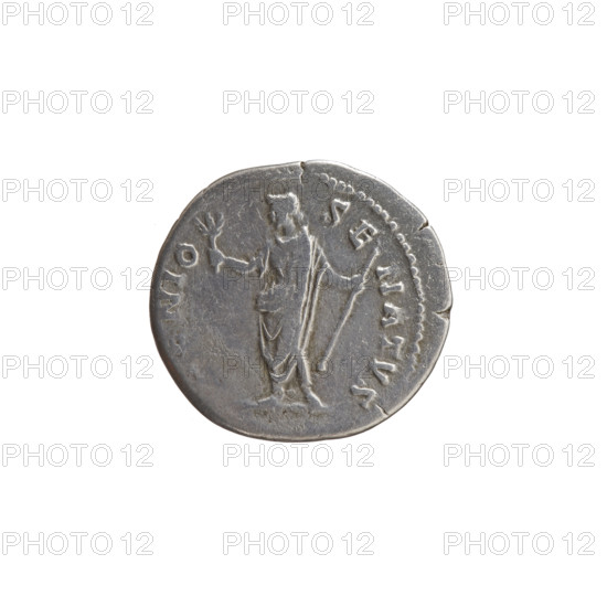 Denarius of Antoninus Pius (86–161; Roman emperor 138–161). Obverse: Head of Antoninus Pius uncovered to the right, inscription ANTONINVS AVG - PIVS PP TR P COS III all around. Reverse: Genius of the Roman Senate in a toga standing to the left, holding a branch in his outstretched right hand and a long scepter in his outstretched left hand, inscription ENIO - SE - NATVS all around. Circa 140–144. Roman Empire (27 BC–476), Rome. Silver coin; diameters 17.0 mm and 18.5 mm, weight 3.22 g, axis 165°.