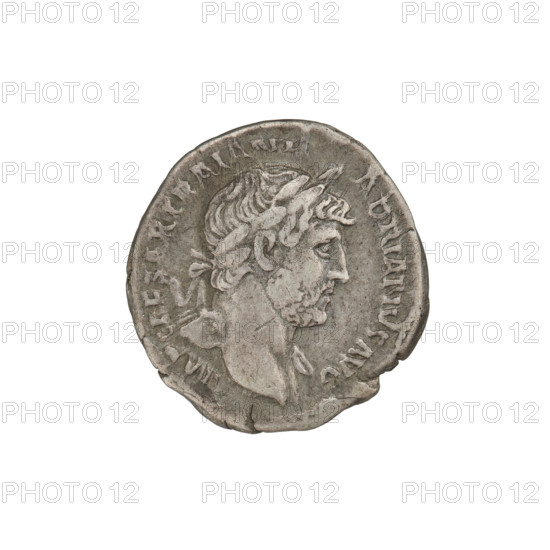 Denarius, Hadrian (76–138; Roman emperor 117–138). Obverse: bust of Hadrian right, laurel wreath in hair; rim inscription: IMPCAESARTRAIANHADRIANOAVG. Reverse: Pax seated left, dressed in a long robe with draperies, holding a statue of Victoria in her right hand and a twig in her left; rim inscription: PM TR P COS III. 119–122 CE, Rome, Roman Empire (27 BC–476). Coin; weight 3.35 g.