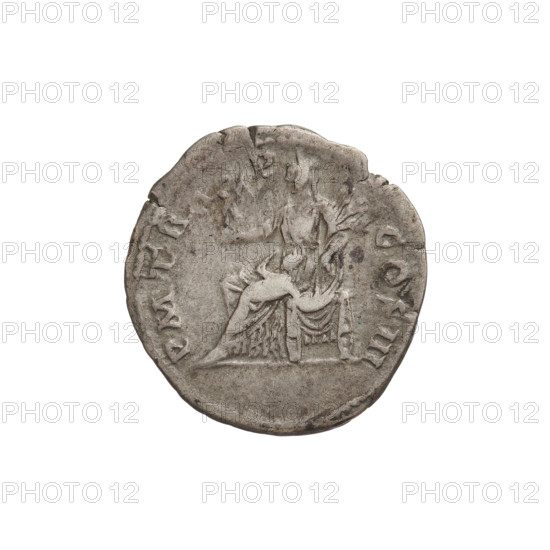 Denarius, Hadrian (76–138; Roman emperor 117–138). Obverse: bust of Hadrian right, laurel wreath in hair; rim inscription IMP CAESAR TRAIAN HADRIAN NO AVG. Reverse: Pax seated left, dressed in a long robe with draperies, holding a statue of Victoria in her right hand and a twig in her left; rim inscription PM TR P COS III. Date: 119–122. Rome, Roman Empire (27 BC–476). Coin; weight 3.35 g.