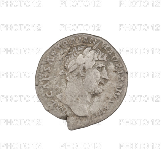 Denarius of Hadrian (76–138; Roman emperor 117–138), 119–122, Rome. Obverse: bust of Hadrian facing right, laurel wreath in hair; rim inscription: IMPCAESARTRAIANHADRIANVS. Reverse: Hadrian standing left, dressed in military garb, holding a ship's rudder attached to a globe in his right hand and a spear in his left; rim inscription: PM TR P COS III. Coin; weight 3.21 g.