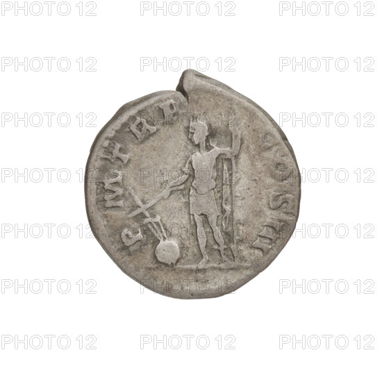 Denarius of Hadrian (76–138; Roman emperor 117–138). Obverse: bust of Hadrian facing right, laurel wreath in hair; rim inscription IMPCAESARTRAIANHADRIANVS. Reverse: Hadrian standing left, dressed in military garb, holding a ship's rudder attached to a globe in his right hand and a spear in his left; rim inscription PM TR P COS III. 119–122 CE, Rome, Roman Empire (27 BCE–476 CE). Coin; weight 3.21 g.