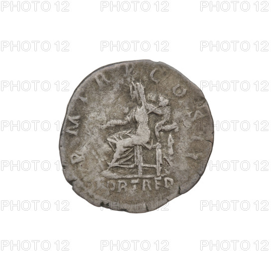 Denarius of Hadrian (76–138; Roman emperor 117–138), 119–122, Rome, Roman Empire (27 BC–476). Obverse: Hadrian's head to the right, laurel wreath in his hair; rim inscription: IMPCAESARTRAIANHADRIANVSAVG. Reverse: Fortuna standing left, wearing a long robe with draperies, holding a ship's rudder in her right hand and a cornucopia in her left; rim inscription: PMTRPCOSCIII; inset inscription: FORTRED. Coin; weight 2.90 g.