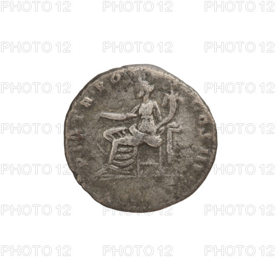 Denarius of Hadrian (reigned 117–138), 119–122 CE, Rome. Obverse: laureate bust of Hadrian right; rim inscription IMPCAESARTRAIANHADRIA N. Reverse: Fortuna seated left wearing a long, draped robe, holding a ship's rudder in her right hand and a cornucopia in her left; rim inscription PM TR P COS III. Silver coin, weight 2.90 g.
