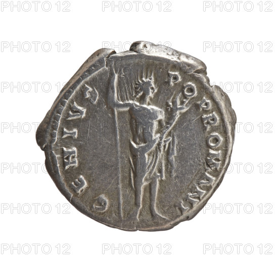 Denarius of Antoninus Pius (86–161; Roman emperor 138–161), c. 140–144, Rome, Roman Empire. Obverse: Head of Antoninus Pius uncovered to the right, inscription ANTONINVS AVG PIVS PP TR P COS III. Reverse: Genius of the Roman People standing frontally, head turned to the right, holding a long scepter in his right hand and a cornucopia in his left, inscription GENIVS POP ROMANI. Coin; diameter 17.5–18.0 mm, weight 3.32 g, axis 210°.