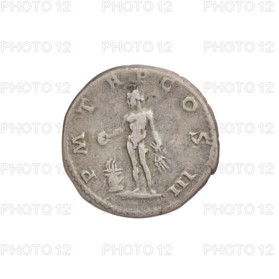 Denarius, Hadrian (76–138; Roman emperor 117–138). Obverse: bust of Hadrian right, laurel wreath in his hair; rim inscription: IMPCAESARTRAIANHADRIANVS. Reverse: Genius standing left, naked, holding a patera in his right hand above a lit altar, corncobs in his left hand; rim inscription: PM TR P COS III. Date: 119–122. Rome, Roman Empire (27 BC–476). Coin; weight 3.15 g.