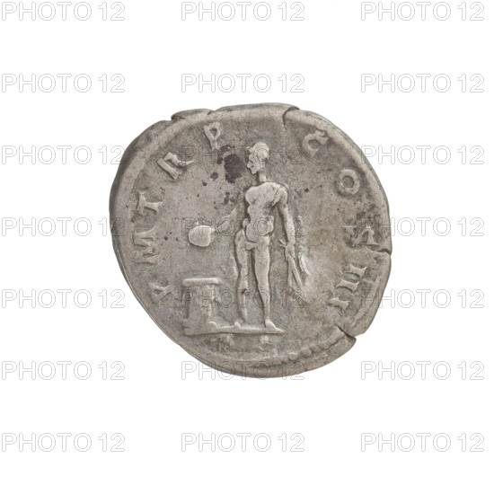 Denarius, Hadrian (76–138; Roman emperor 117–138). Obverse: bust of Hadrian to right, laurel wreath in his hair; rim inscription: IMPCAESARTRAIANHADRIANVSAVG. Reverse: Genius standing left, naked, holding a patera in his right hand above a lit altar, corncobs in his left hand; rim inscription: PM TR P COS III. Date: 119–122. Rome, Roman Empire (27 BC–476). Coin; weight 3.15 g.