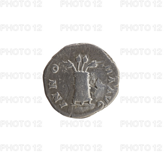 Denarius of Antoninus Pius (86–161; Roman Emperor 138–161), issuer: Antoninus Pius. Obverse: Head of Antoninus Pius in a laurel wreath facing right, inscription ONINV - VS PP TR. Reverse: Container (modius) with two ears of corn and two poppy heads, inscription ANNO - NA AVG. Date: 140–144. Material: coin (Roman Empire, Rome). Diameter 17.0 mm, weight 2.89 g, axis 195°.