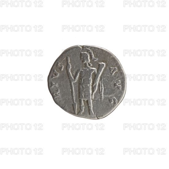 Denarius of Antoninus Pius (86–161; Roman emperor 138–161), 140–144. Obverse: Head of Antoninus Pius in a laurel wreath facing right with inscription ANTONINVS AVG - PIVS PP COS III. Reverse: Virtus standing left, holding a spear with the head down in his right hand and a dagger (parazonium) in his left; inscription RTVS - AVG. Iconography: personifications; Virtus standing with a spear and parazonium. Roman Empire; Rome. Coin: silver; diameter 16.5–17.5 mm; weight 3.38 g; axis 0°.