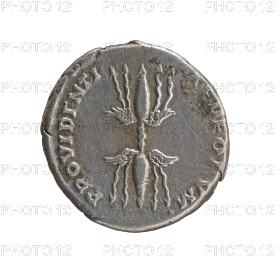 Denarius of Antoninus Pius (86–161; Roman Emperor 138–161), issuer; obverse: head of Antoninus Pius with laurel wreath facing right, inscription 'ANTONINVS AVG PI - VS PP TR P COS III'; reverse: winged thunderbolt with inscription 'PROVIDENTI - AE DEORVM'; iconography includes wings and thunderbolts; date 140–144; Roman Empire, Rome; coin: diameter 16.5–17.0 mm, weight 2.88 g, axis 150°.