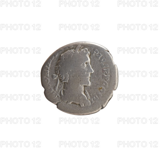 Denarius of Antoninus Pius (86–161; Roman emperor 138–161), c. 140–144. Silver coin. Obverse: Bust of Antoninus Pius in drapery and laurel wreath facing right, inscription 'ANTONINUS PIVS PP COS III'. Reverse: Virtus standing left, holding a spear with the head down in his right hand and a dagger (parazonium) in his left, inscription 'VRTVS AVG'. Diameter 17–18 mm, weight 2.70 g, axis 180°.