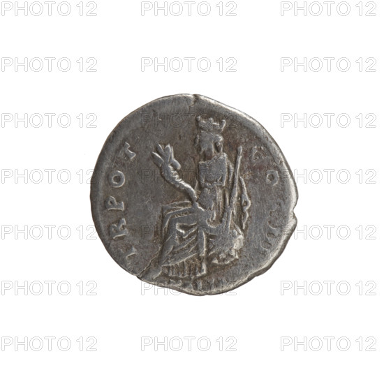 Denarius of Antoninus Pius (reign 138–161 CE). Obverse: Head of Antoninus Pius in a laurel wreath facing right, inscription ANTONINVS • AVG • PIVS • PP. Reverse: Personification of Italy seated on a globe facing left, holding a cornucopia in her right hand and a scepter in her left, inscription TR • POT • COS • III and legend ending LIA. Date: 140–144 CE. Roman Empire, Rome. Coin; diameter 17.0–17.5 mm, weight 2.51 g, axis 225°.