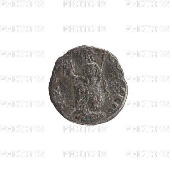Denarius (subaerate), Antoninus Pius (86–161; Roman emperor 138–161), issuer: Antoninus Pius; obverse: head of Antoninus Pius in a laurel wreath facing right, inscription NINVS • AVG • PIV • PP; reverse: Italy seated on a globe facing left, holding a cornucopia in her right hand and a scepter in her left, inscription TR•?CO•III (legend fragments) and IA.; personifications; iconography: Italy, sceptres, cornucopias; date: 140–144; place: Rome, Roman Empire (27 BC–476); coin; diameter 16.0 mm; weight 2.23 g; axis 180°.
