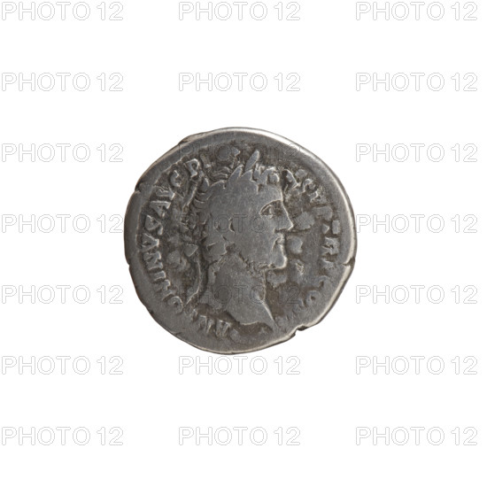 Denarius of Antoninus Pius (86–161; Roman emperor 138–161), c. 140–144. Obverse: Head of Antoninus Pius in a laurel wreath facing right, legend ANTONINVS AVG PI - P TR P COS III circumferential. Reverse: Salus seated on a throne facing left, holding a patera in her right hand over an altar around which a snake is coiled, legend SALVS - AVG circumferential. Roman Empire; Rome. Coin. Diameter 17.0–17.5 mm; weight 3.12 g; axis 180°.